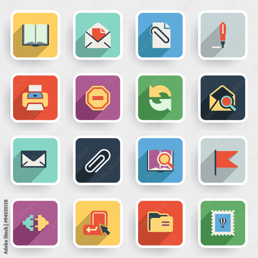 Email modern flat icons with color buttons on gray background.