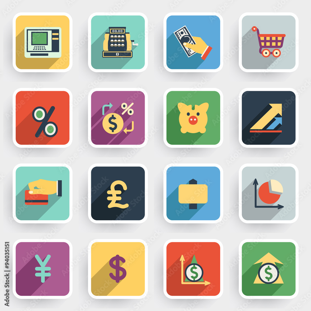 Finance modern flat icons with color buttons on gray background. Finance modern flat icons with color buttons on gray background.
