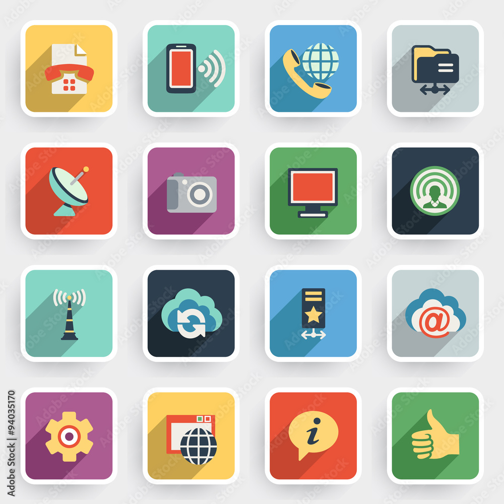Communication modern flat icons with color buttons Communication modern flat icons with color buttons