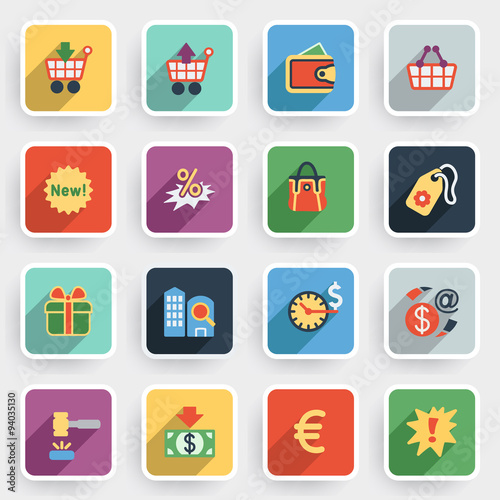 Commerce modern flat icons with color buttons on gray background