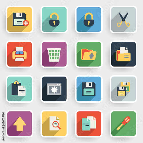 Document modern flat icons with color buttons on gray background
