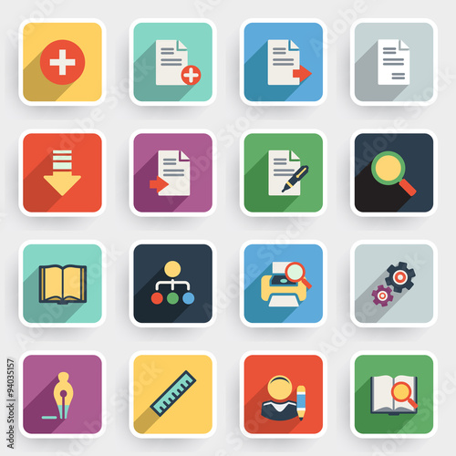 Document modern flat icons with color buttons on gray background
