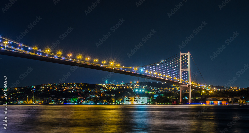 Fototapeta premium View over illuminated bosporus bridge from ortakoy square in istanbul