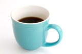 Hot black coffee in a light blue mug