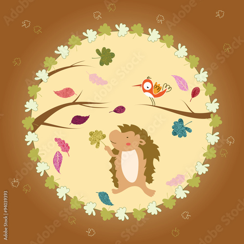 The hedgehog and leaves in autumn