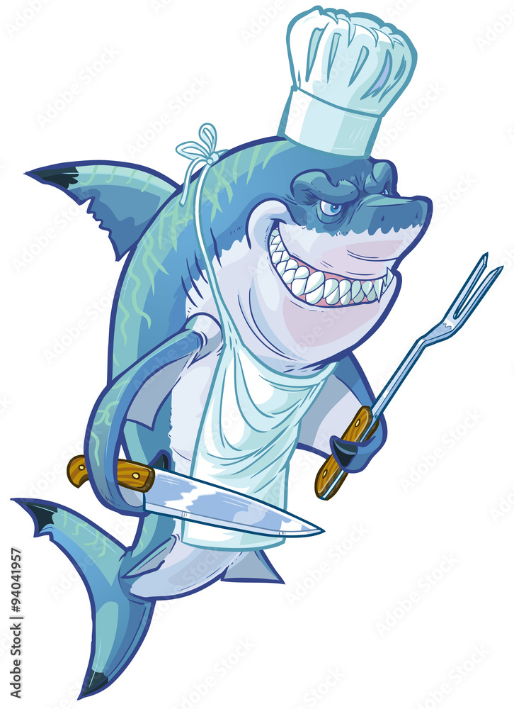 Fototapeta premium Mean Cartoon Shark Chef with Barbecue Utensils