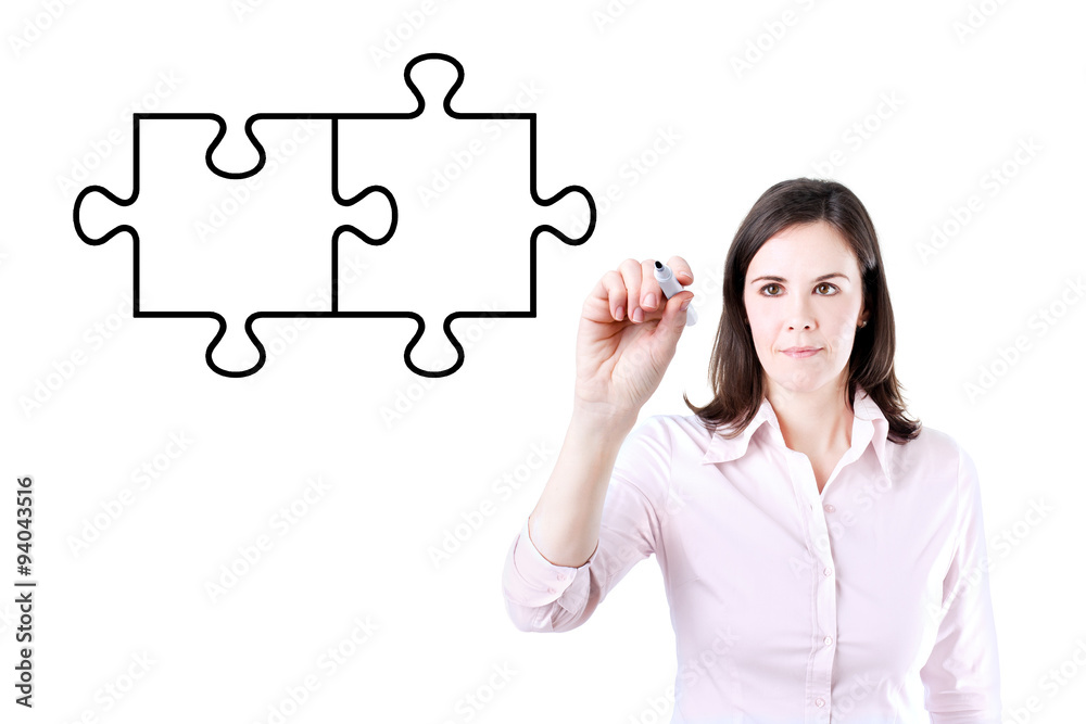 Businesswoman drawing a Blank Puzzle on the screen. Businesswoman drawing a Blank Puzzle on the screen.