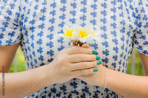 Female hands holding a beautiful flower frangipani photo