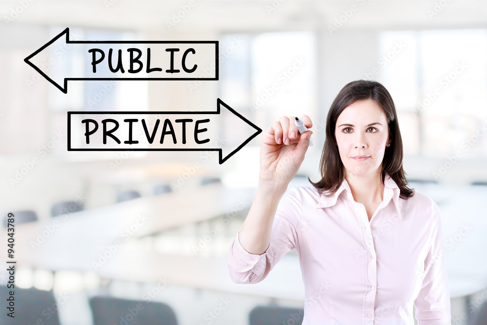 Businesswoman drawing a Private or Public concept on the screen. Office background. Businesswoman drawing a Private or Public concept on the screen. Office background.