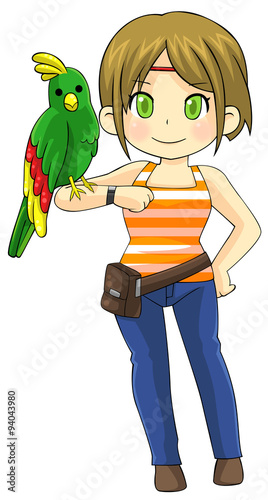 Animal trainer girl tame parrot pet bird stand on her arm, create by cartoon vector 