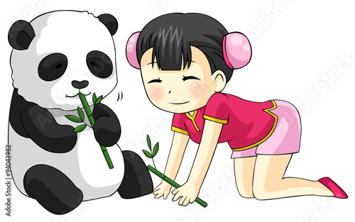 Fototapeta Naklejka Na Ścianę i Meble -  cartoon Chinese girl in cheongsam feeding baby pet Panda bear with bamboo leaves, create by vector 