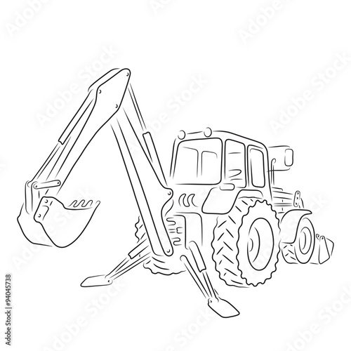 Outline of backhoe loader, vector illustration