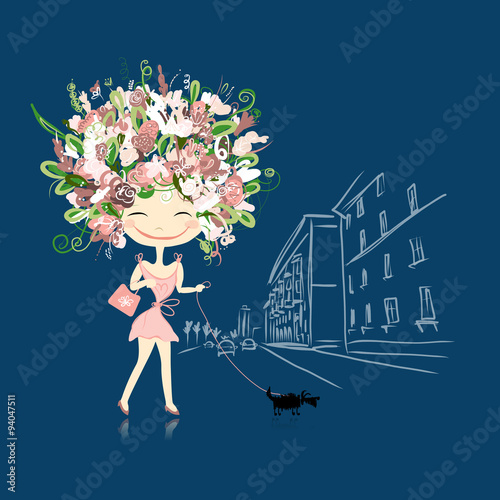 Floral girl with dog on street, sketch for your design