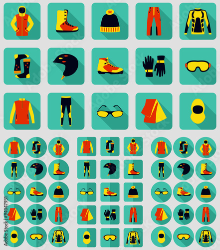 Set of cloth and shoes for winter sport. Flat long shadow design. Ski icons series.