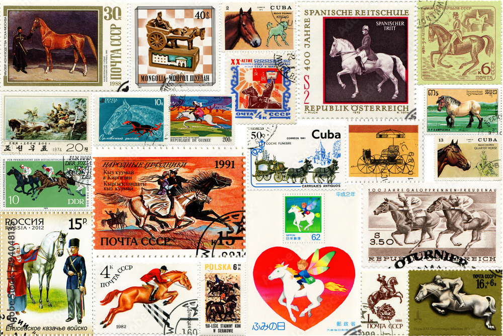 A collage of stamps from different countries on the theme of Horses
