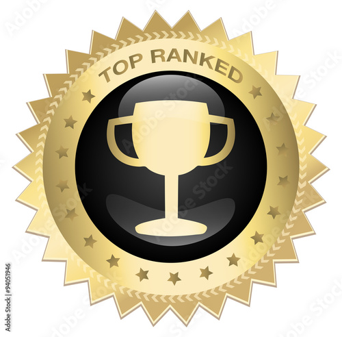 Top ranked medal or icon with award symbol. Top ranked seal. Glossy gold and black icon.
