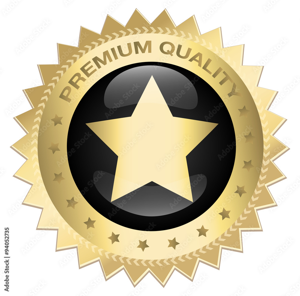 Premium quality seal or icon with star symbol. Glossy golden seal or button with stars. Premium quality seal or icon with star symbol. Glossy golden seal or button with stars.