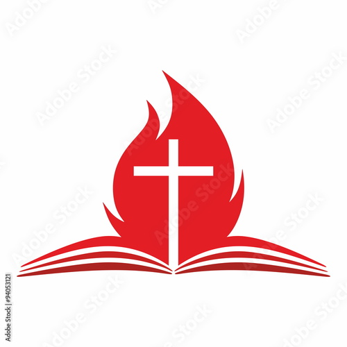 Cross and flame from the pages of a Bible