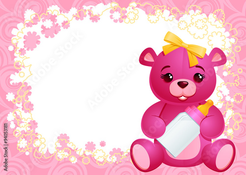 It's a Girl! greeting card template with a baby girl teddy bear.