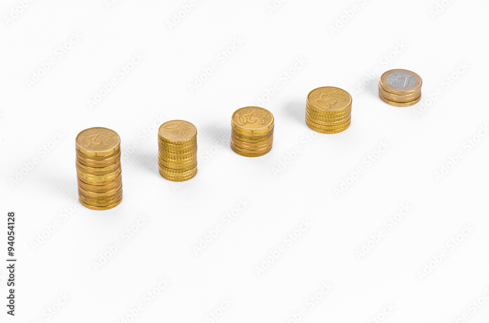 Money and business topic: Diagram of golden coins on a white background in studio Money and business topic: Diagram of golden coins on a white background in studio