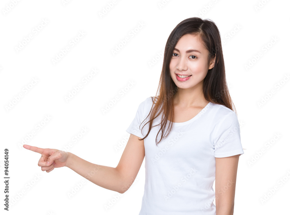 Asian Young woman with finger point aside Asian Young woman with finger point aside