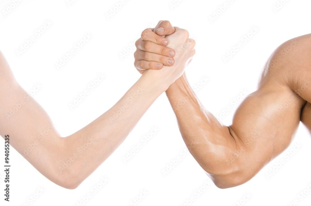 Bodybuilding & Fitness Topic: arm wrestling thin hand and a big strong arm isolated on white background in studio Bodybuilding & Fitness Topic: arm wrestling thin hand and a big strong arm isolated on white background in studio