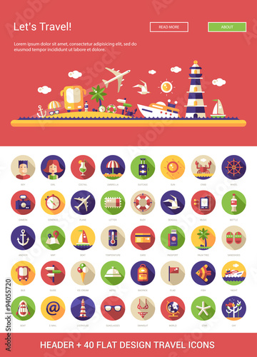 Header with modern flat design travel, vacation, tourism icons a