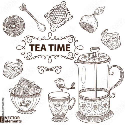 Tea time still life set, sketch, doodle, hand draw. vector illustration