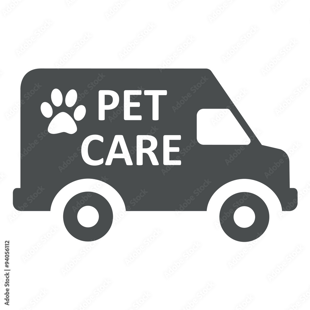 Icono plano furgoneta con texto PET CARE gris Icono plano furgoneta con texto PET CARE gris