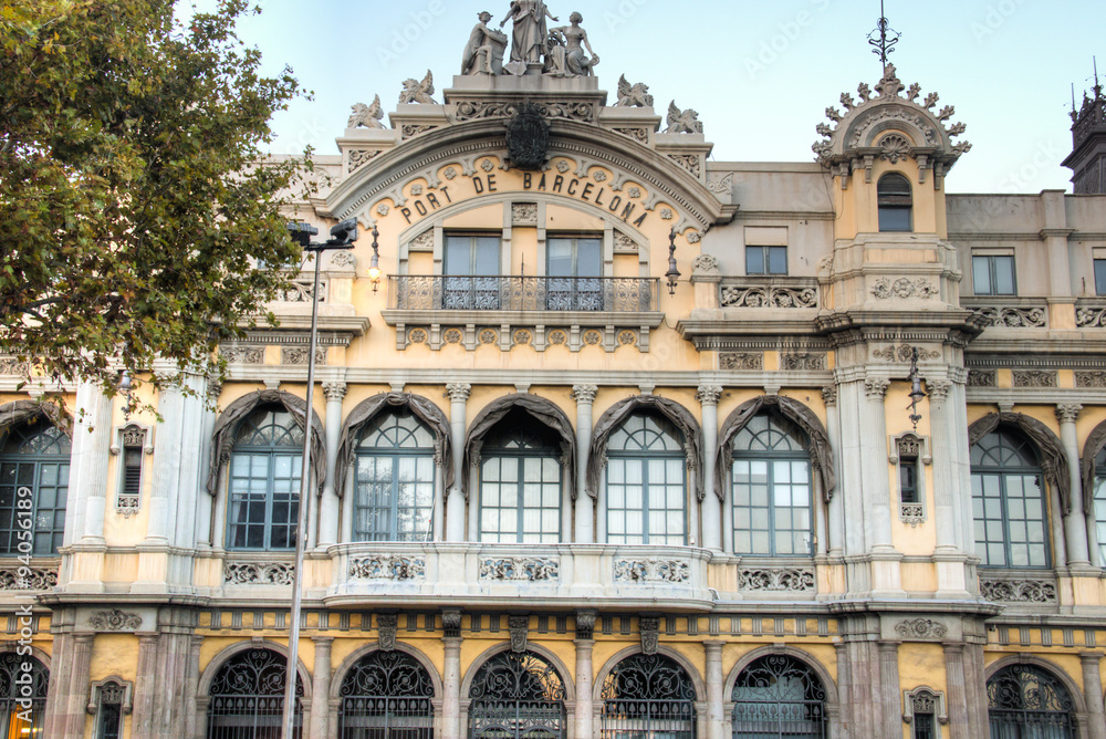 Fototapeta premium Building of Port de Barcelona in Port Vell at the end of the ramblas in the center of Barcelona in Spain 