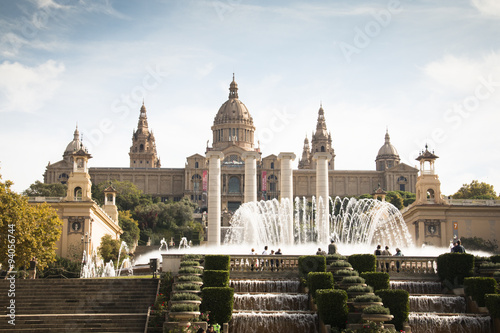 Placa de Espana with the fountain and on top of the stairs the magnificent Nation Museum in Barcelona in Spain
