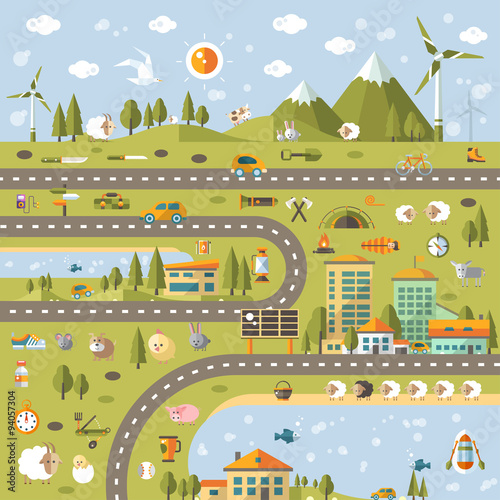 Modern flat design conceptual landscape illustration with info g