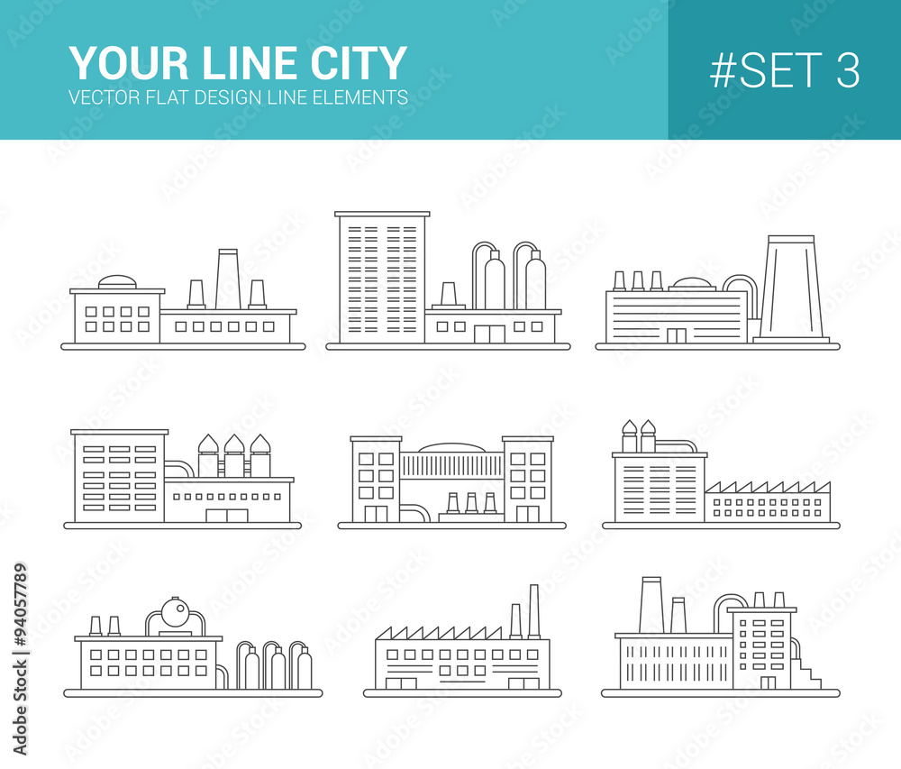 Set of line flat design buildings icons. Factories and industial