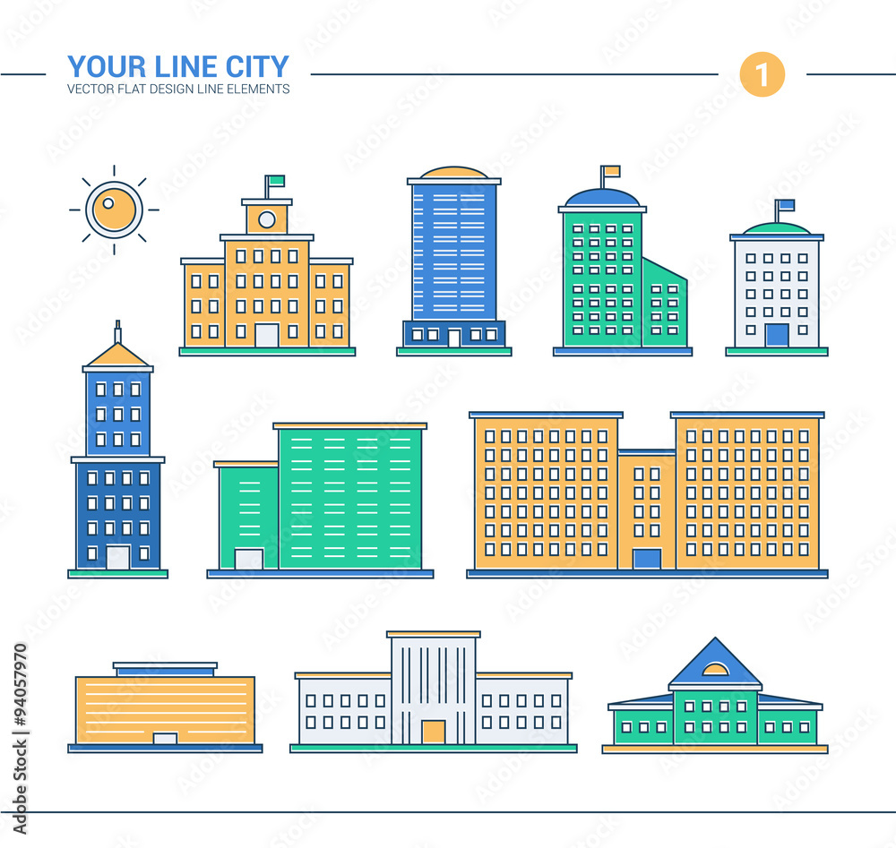 Set of line flat design administrative buildings icons
