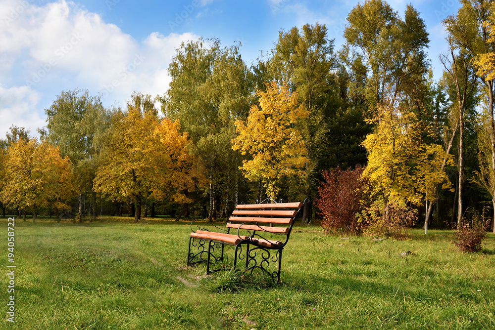 Fantastic autumn landscape with a bench in the autumn park (recr
