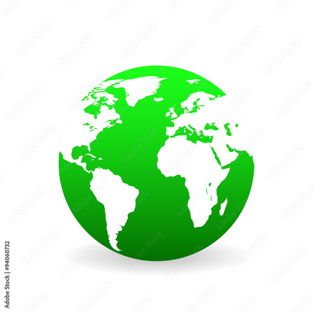 Green world map with shadow on a white background