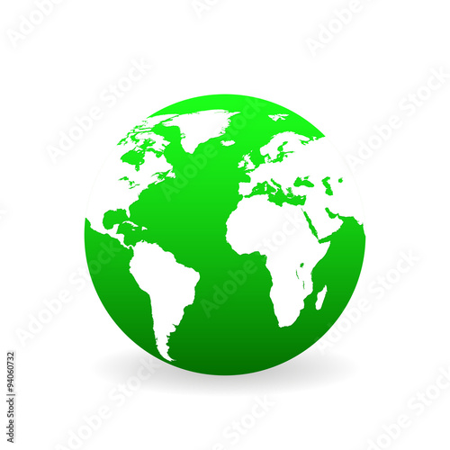 Green world map with shadow on a white background