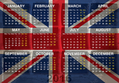 calendario inglese 2016
