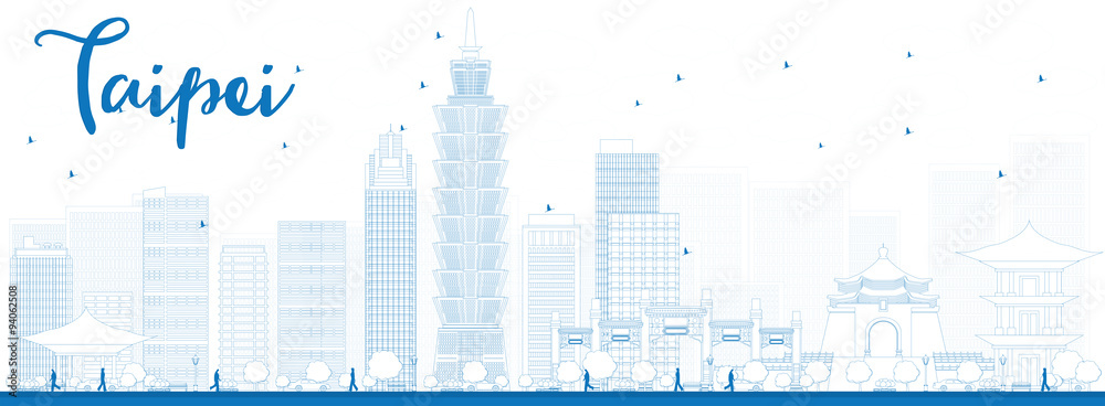 Naklejka premium Zarys panoramę Tajpej z niebieskimi punktami orientacyjnymi
