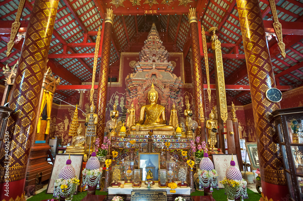 Ornate interior of Wat Chiang Man, the oldest temple in Chiang Mai, Thailand