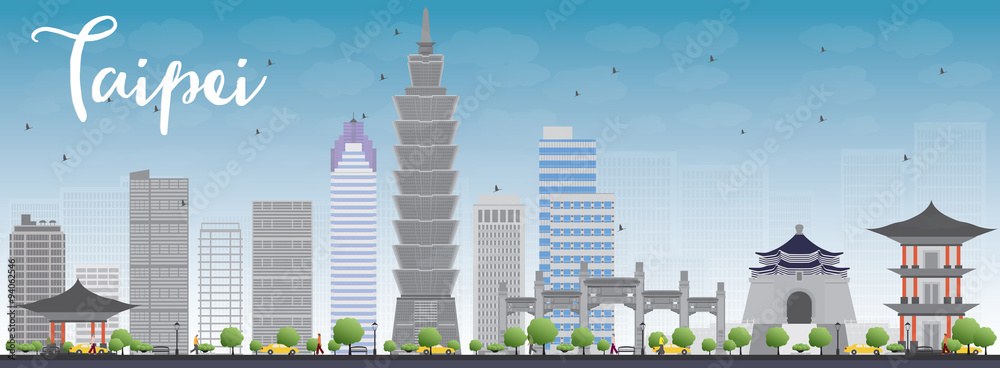 Obraz premium Taipei skyline with grey landmarks and blue sky