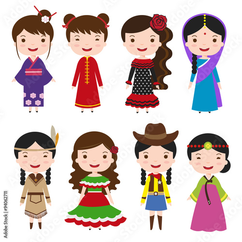 traditional costumes character of the world, dress girls in different national costumes
