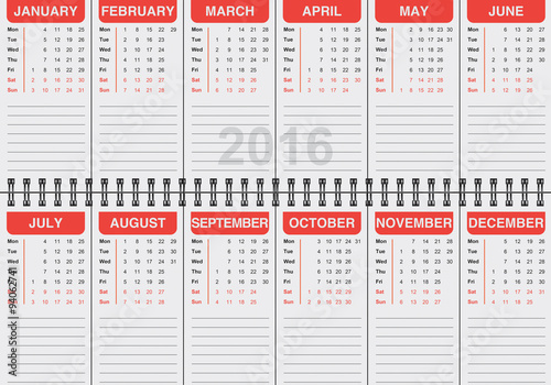 calendario inglese 2016