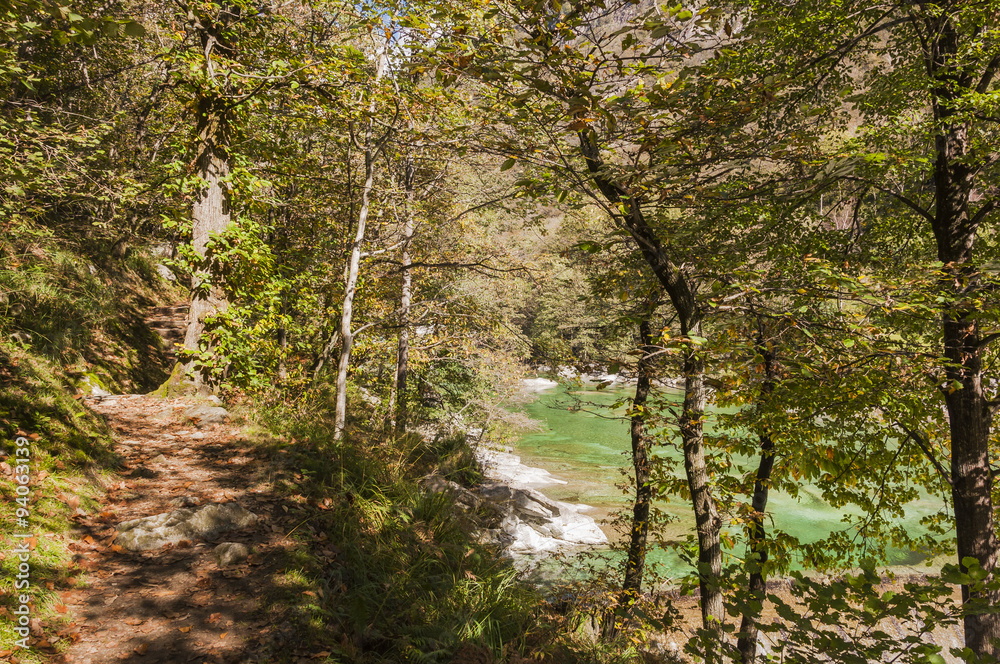 Fototapeta premium Lavertezzo, Dorf, Bergdorf, Verzascatal, Valle Verzasca, Wanderweg, Uferweg, Verzasca, Fluss, Waldweg, Herbstlaub, Herbst, Tessin, Schweiz