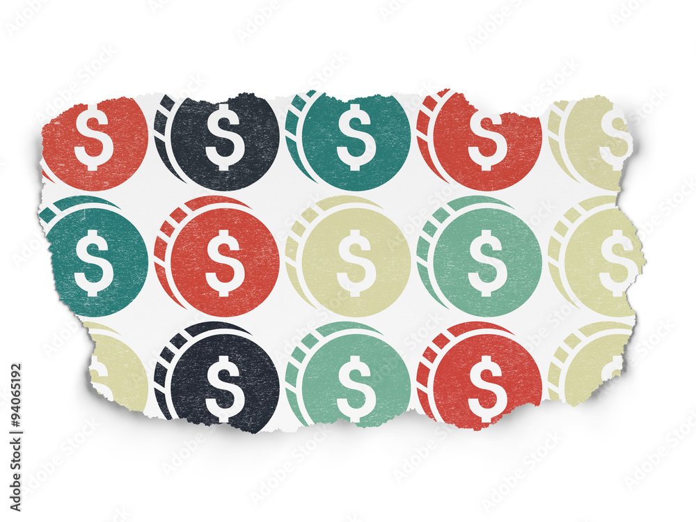 Currency concept: Dollar Coin icons on Torn Paper background Currency concept: Dollar Coin icons on Torn Paper background