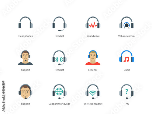 Headphones and headset color icons on white background.