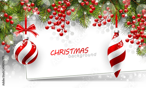 Christmas background with fir branches and red balls