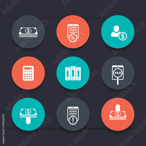 Bookkeeping, finance, payroll round color icons, vector illustration