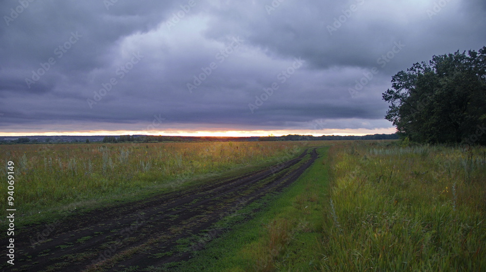  country road in field. Picture of a country road on a cloudy day in the evening at sunset