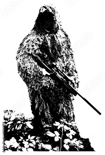 Sniper with camouflage suit on white background